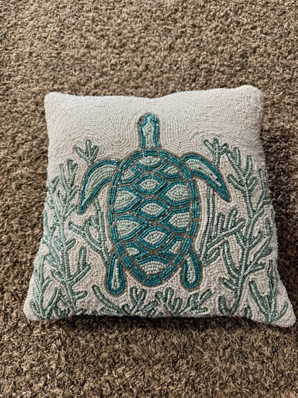 Beaded Sea Turtle Accent Pillow in Teal on Cream